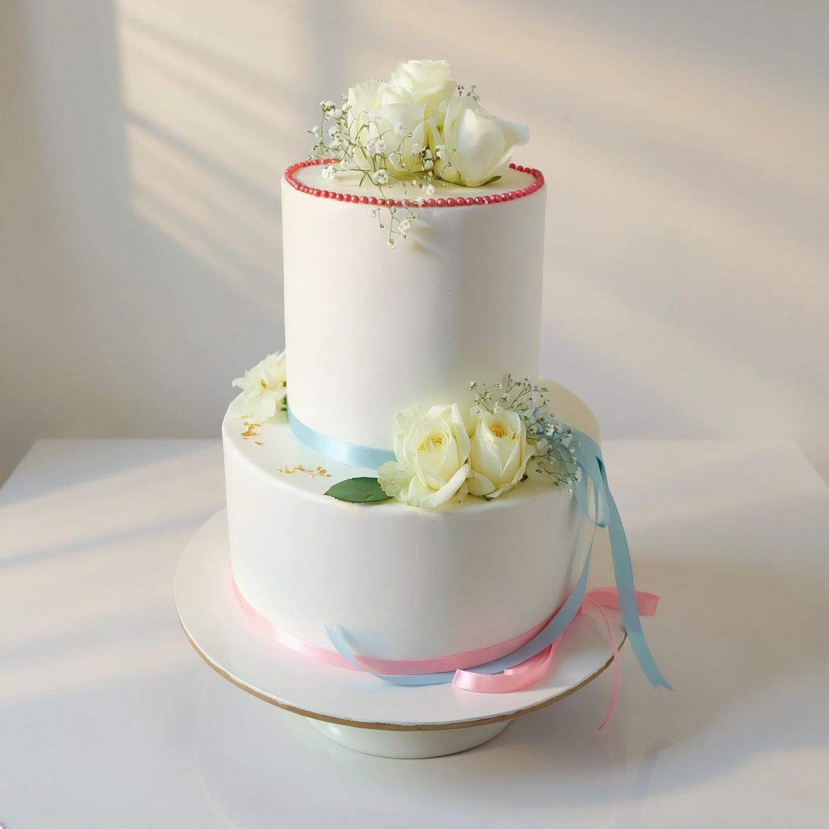Two-tier elegant floral wedding cake with fresh white roses, delicate baby’s breath, pastel blue and pink ribbons, and gold accents by PuffyClouds, Kochi