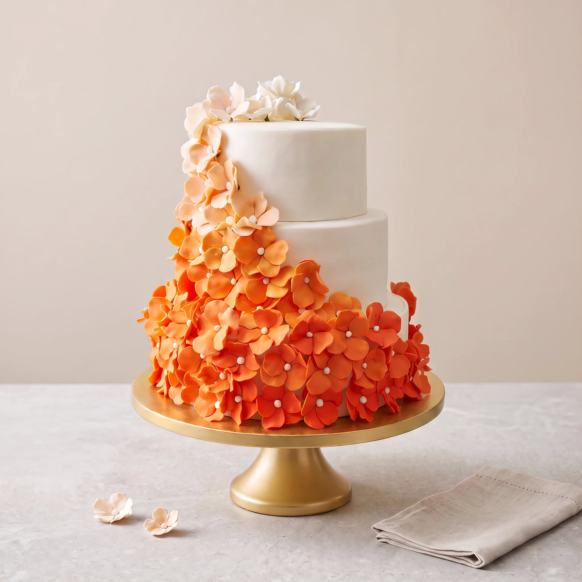 A three-tier smooth white wedding cake on a pedestal stand, decorated with a dense cascade of handcrafted sugar flowers that gradient from pale cream at the top to vibrant orange at the base by PuffyClouds in Kochi