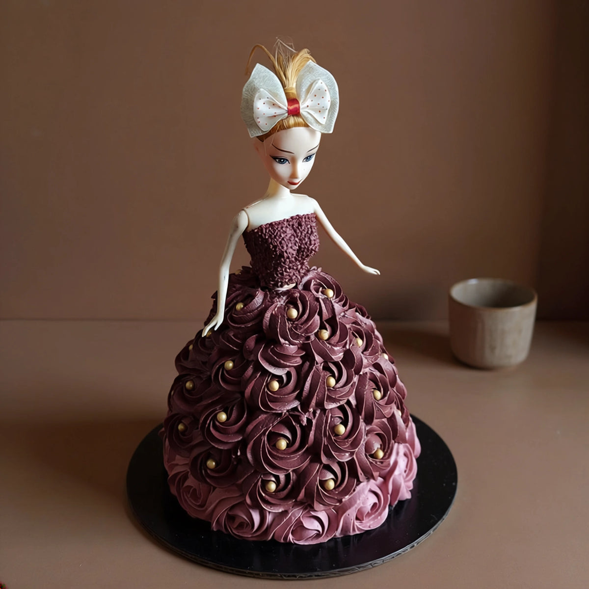 Barbie doll theme cake with mauve rosette cream detailing and pearl accents by PucffyClouds in Kochi
