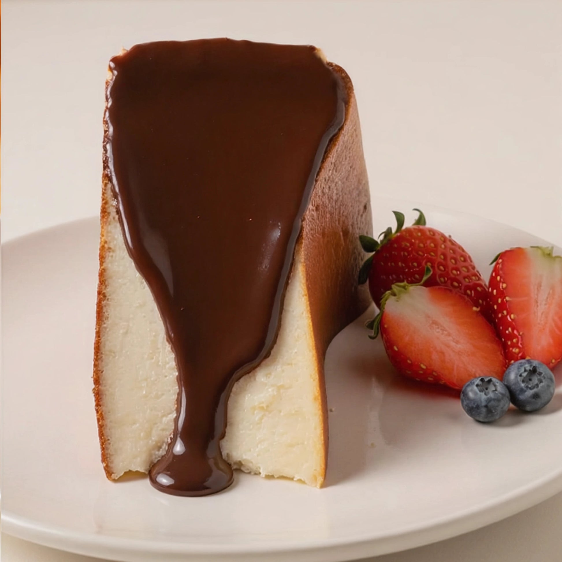 Slice of creamy Basque cheesecake with rich chocolate sauce, served with fresh strawberries and blueberries.