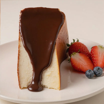 Slice of creamy Basque cheesecake with rich chocolate sauce, served with fresh strawberries and blueberries.