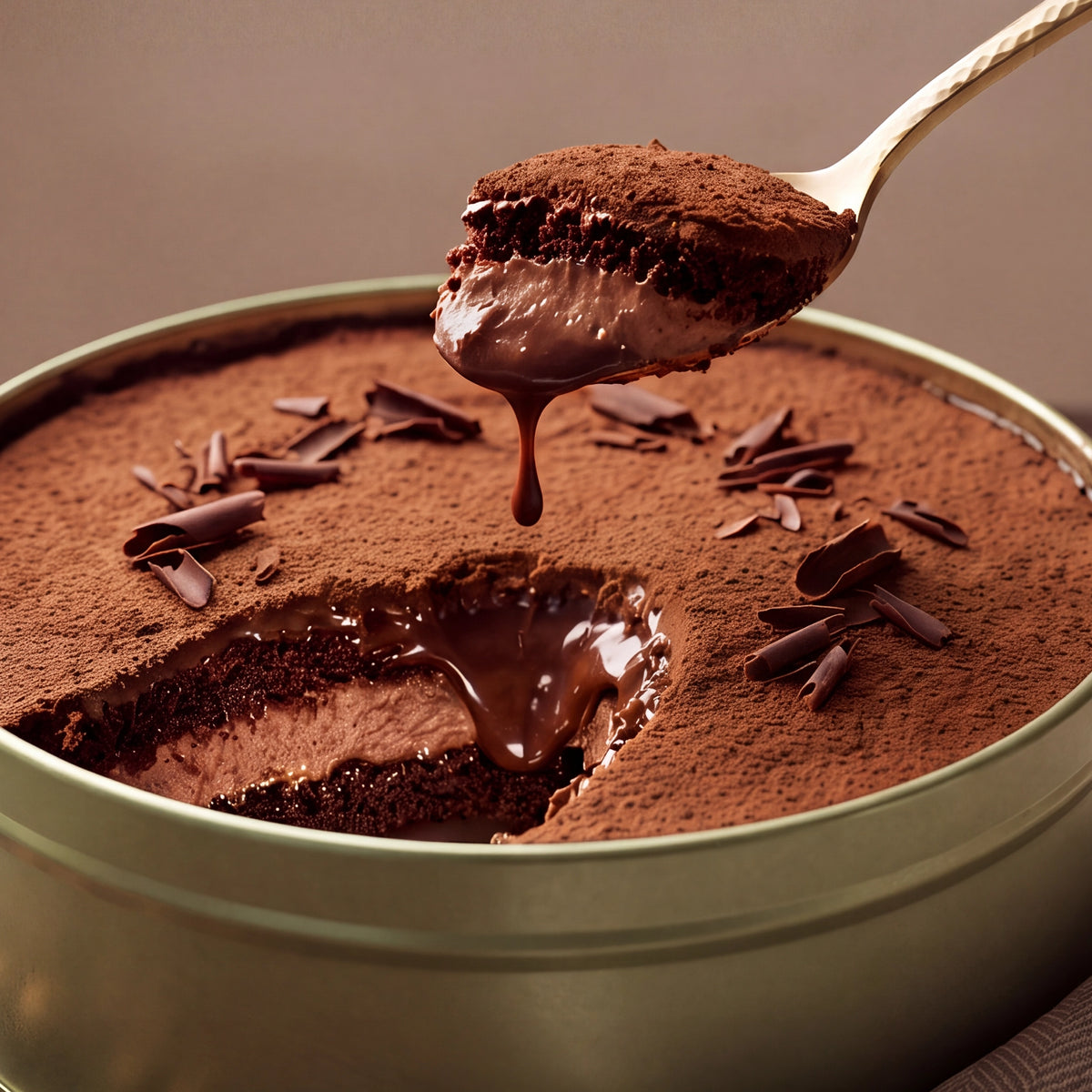 Chocolate dreamcake in a round container, with a spoon lifting a scoop of the rich chocolate layers. The dessert is dusted with cocoa powder and topped with chocolate shavings, set against a soft warm brown background. From PuffyClouds, Kochi