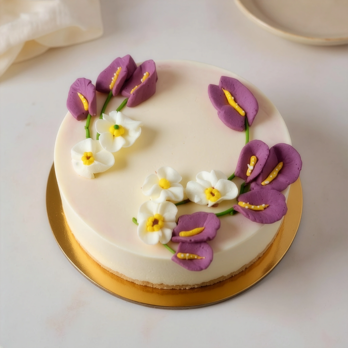 Floral theme cake with purple and white buttercream flowers