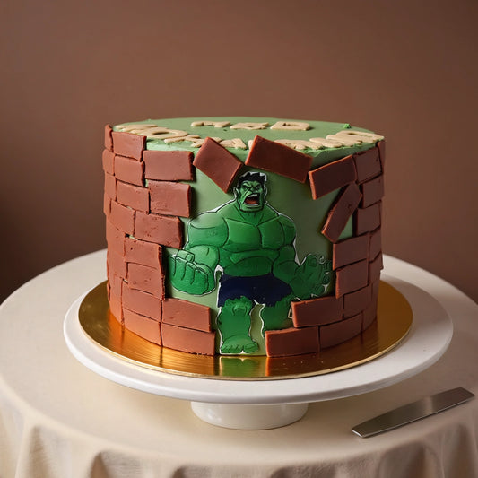 Hulk theme cake with buttercream finish, brick detailing and superhero accents by PuffyClouds in Kochi
