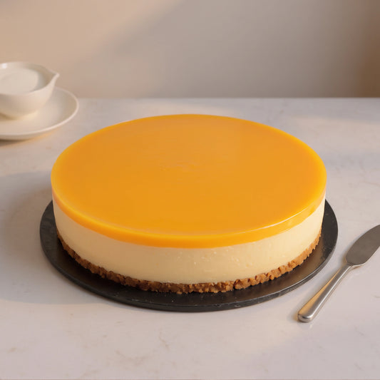 Handcrafted Mango Cheesecake with creamy cheese, buttery biscuit base, and glossy mango glaze by PuffyClouds Cakes in Kochi.