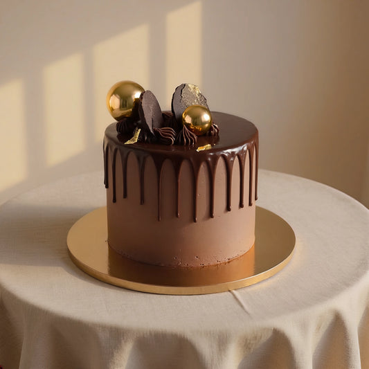 Midnight Chocolate Drip Cake with silky chocolate buttercream, rich dark chocolate drip, and handcrafted chocolate decorations by PuffyClouds.