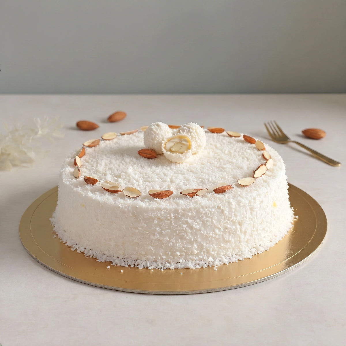 Handcrafted Raffaello cake with almond flour sponge, white chocolate, cream cheese and coconut by PuffyClouds in Kochi.