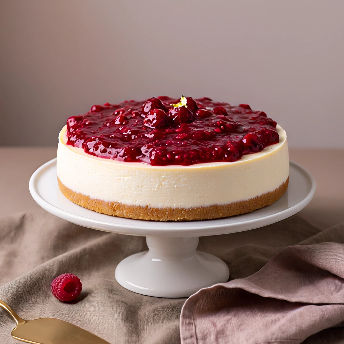 Raspberry cheesecake topped with fresh raspberry compote handcrafted by PuffyClouds Cakes in Kochi.