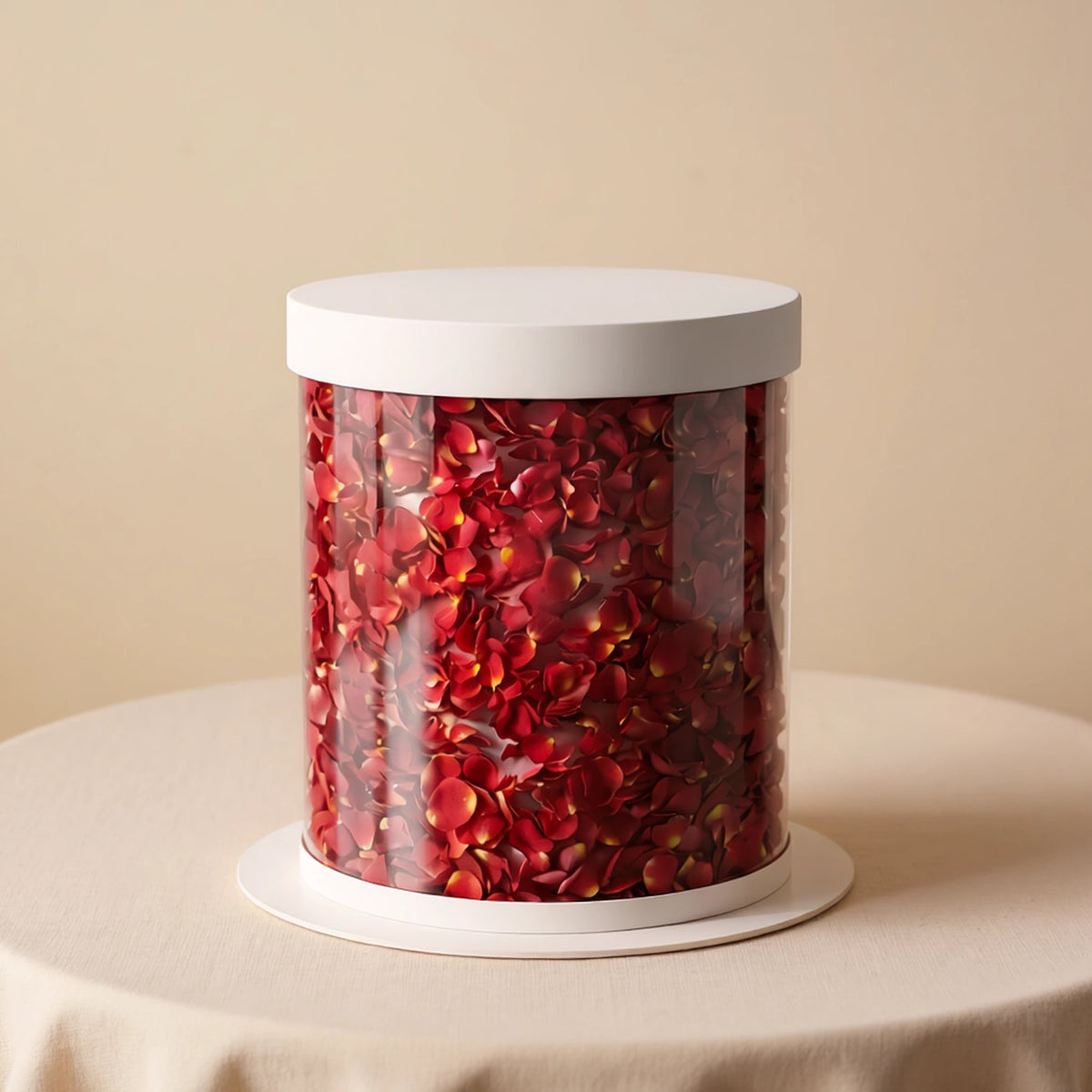 A cylindrical cake box with a clear window filled to the brim with red rose petals, sitting on a round white base on a beige tablecloth. From PuffyClouds, Kochi